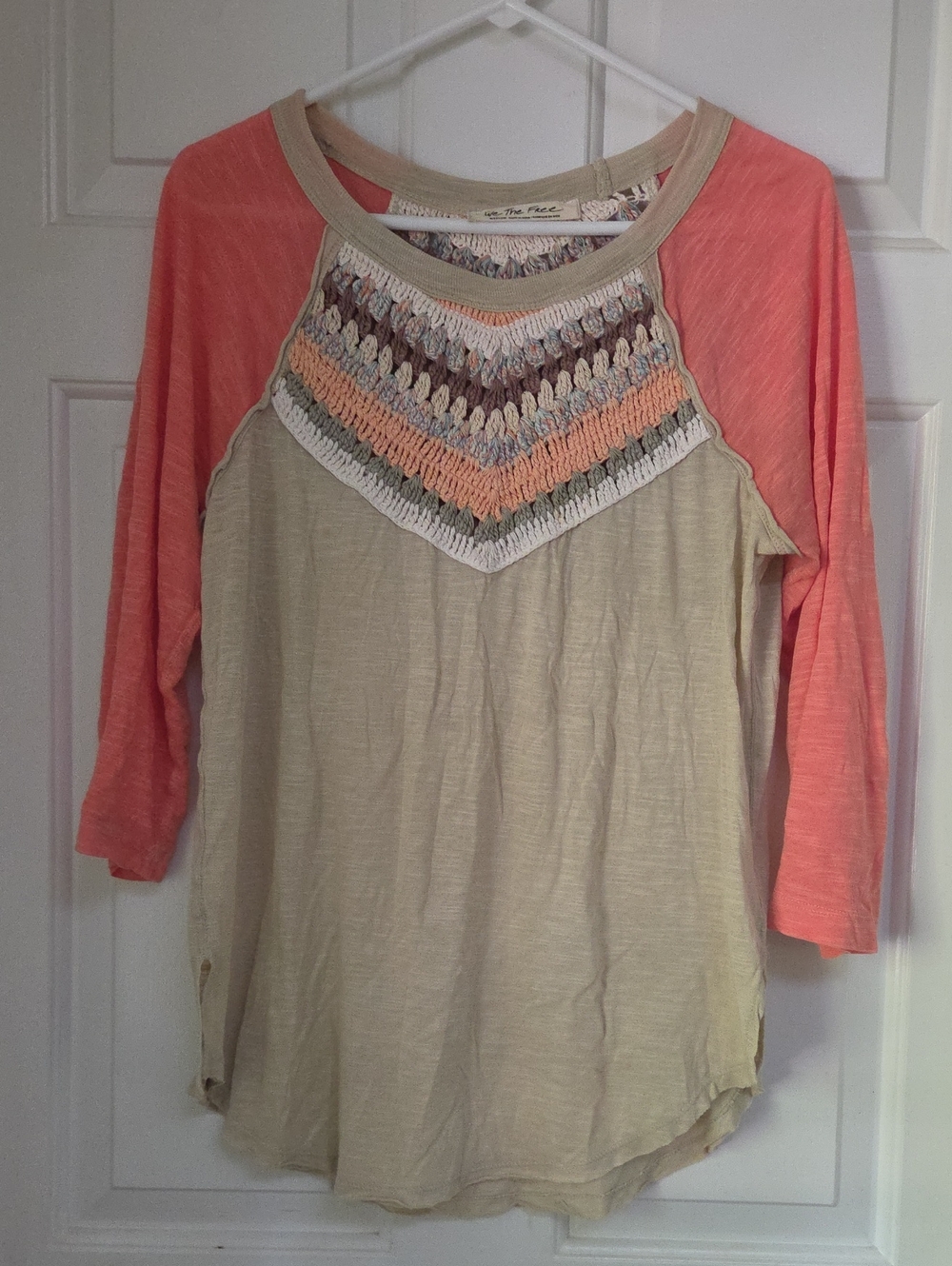 Free People Cream Body Coral Raglan with Multicolor Crochet Yoke